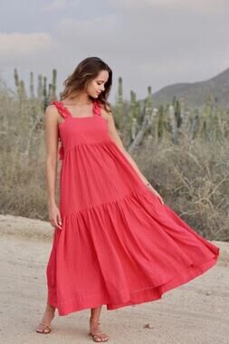 MIRTH Rio Dress Womens Grenadine Red Cotton Tiered Maxi Ruffle Tassel Boho Small